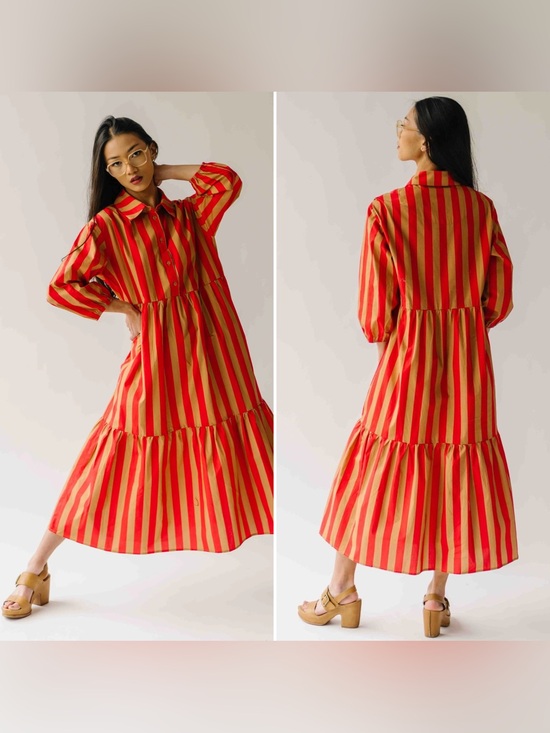 Anthropologie Dresses & Skirts - Anthropologie Maeve Bettina Striped Tiered Midi Dress in Red and Brown Size XS